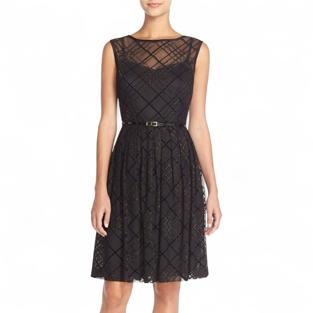 Ellen Tracy Black Gold Mesh Fit & Flare Dress NWT Size 10 Elegant Party